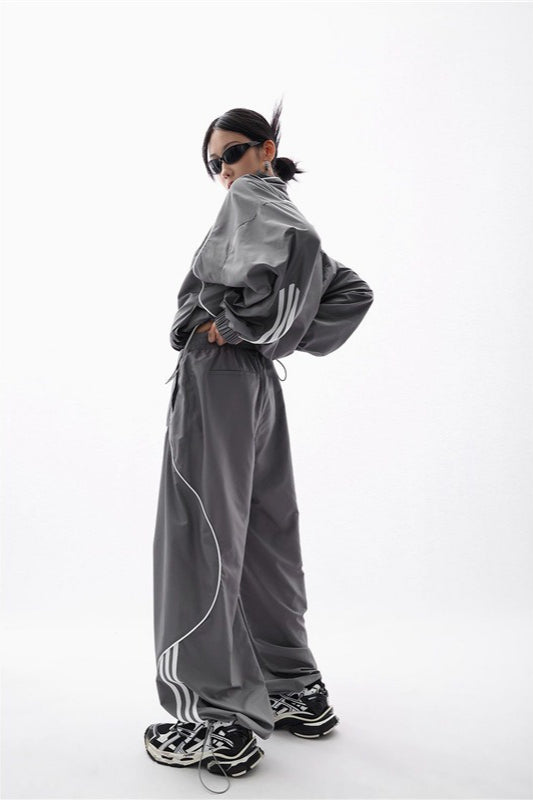 Side Stripe Stand Collar Zip Track Jacket and Wide Leg Track Pants Two Piece Set 3
