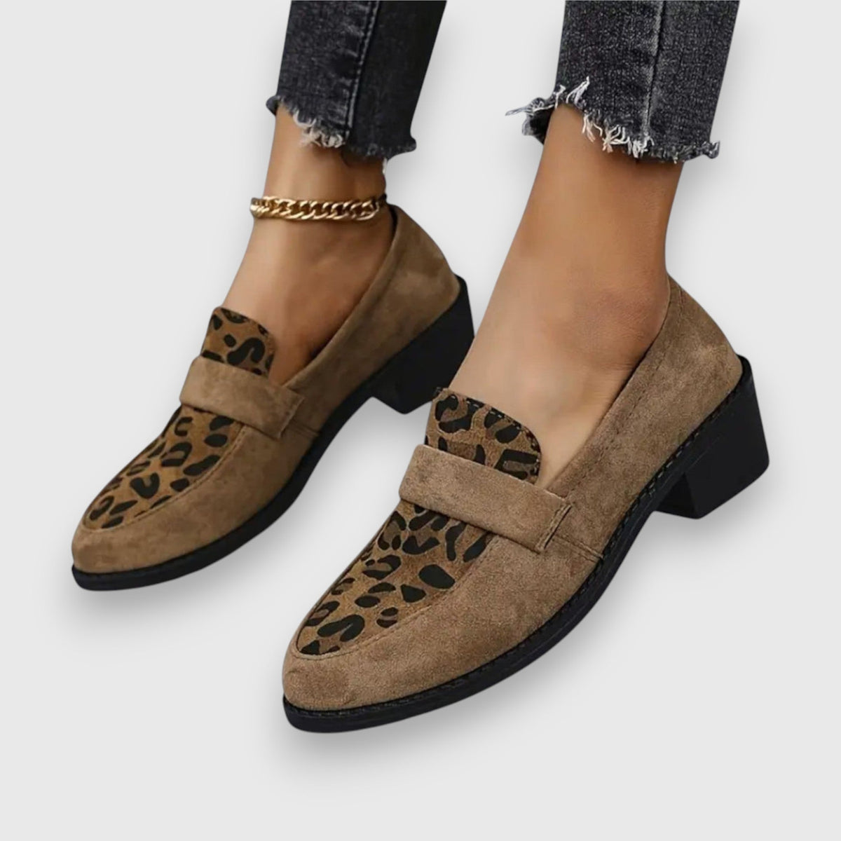 Leopard Print Panel Suede Block Heel Loafers