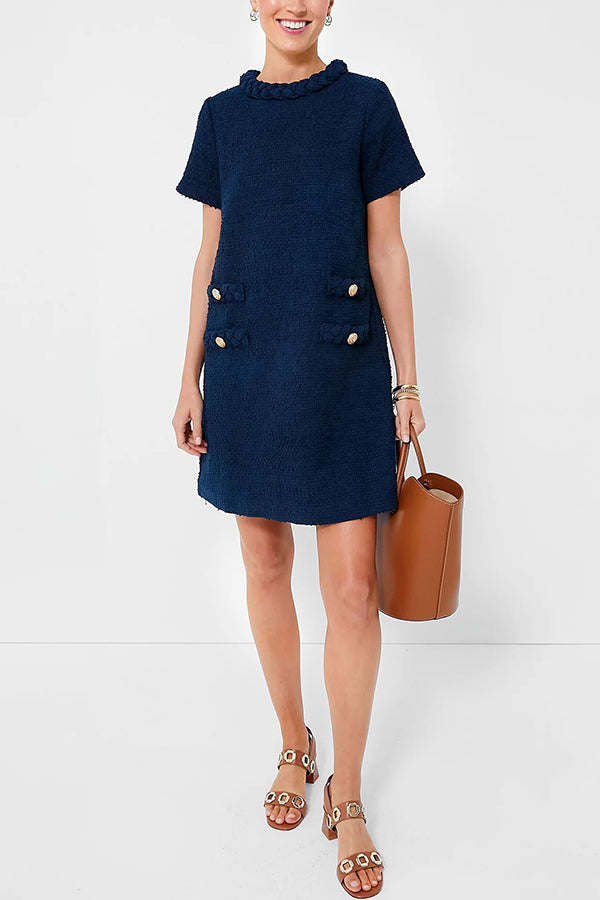 Tweed Braided Trim Faux Pocket Metallic Button Short Sleeve Shift Mini Dress