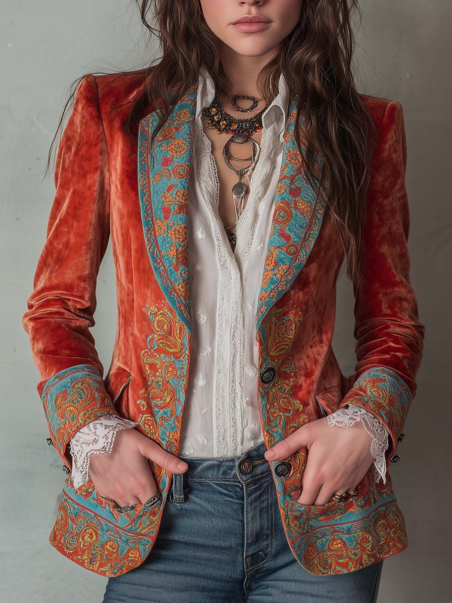 Paisley Print Velvet Peak Lapel Single Button Blazer