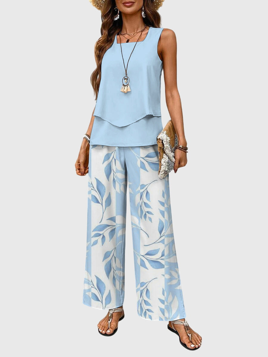 Sleeveless Top and Leaf Print Wide Leg Pants Two Piece Set