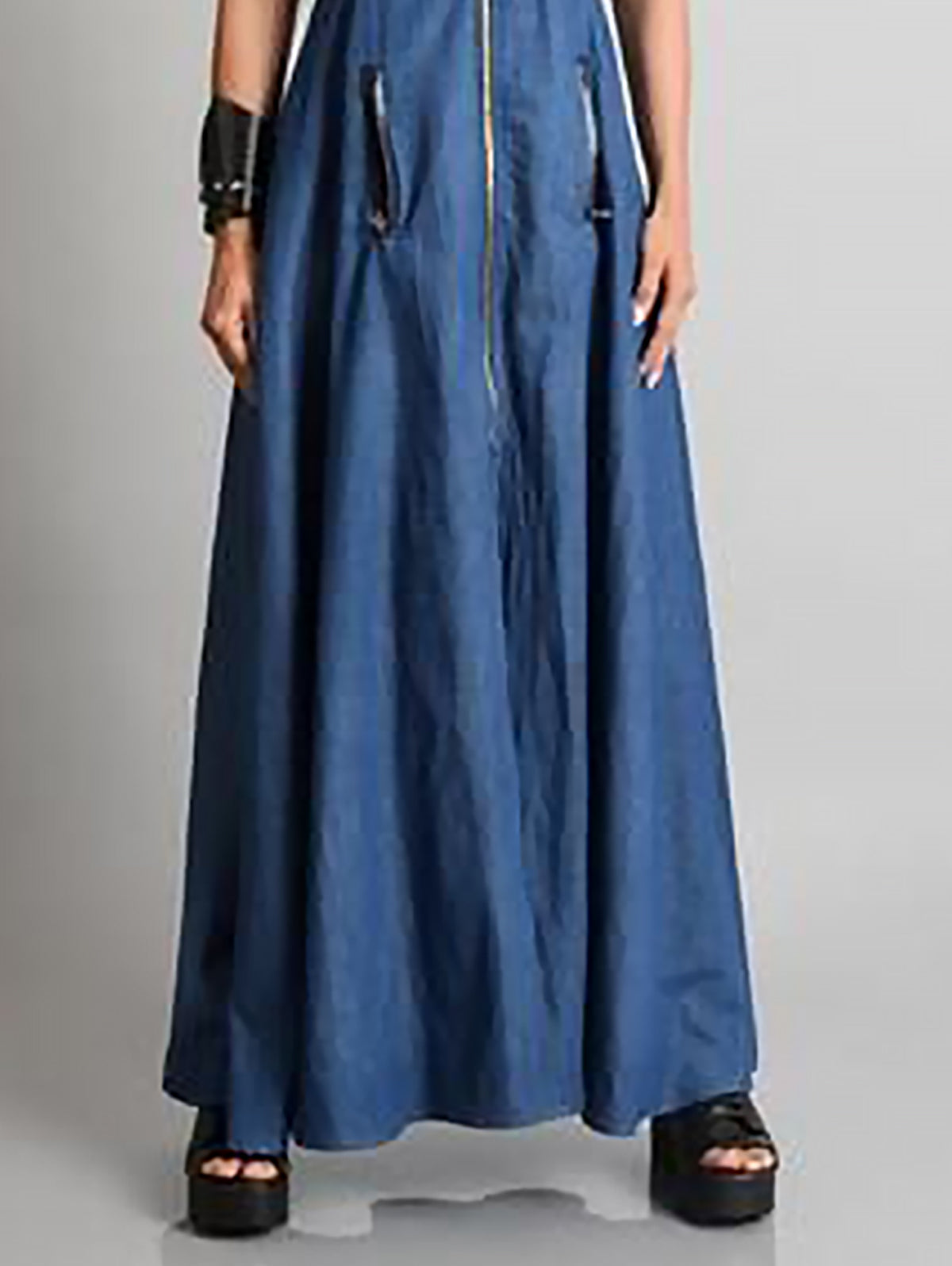 Denim Sleeveless Zip Front Flap Pocket Contrast Trim A-Line Maxi Dress