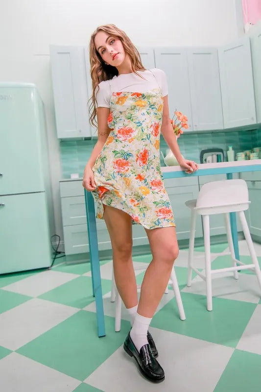 Floral Print Satin Cowl Neck Spaghetti Strap Flared Mini Dress 7