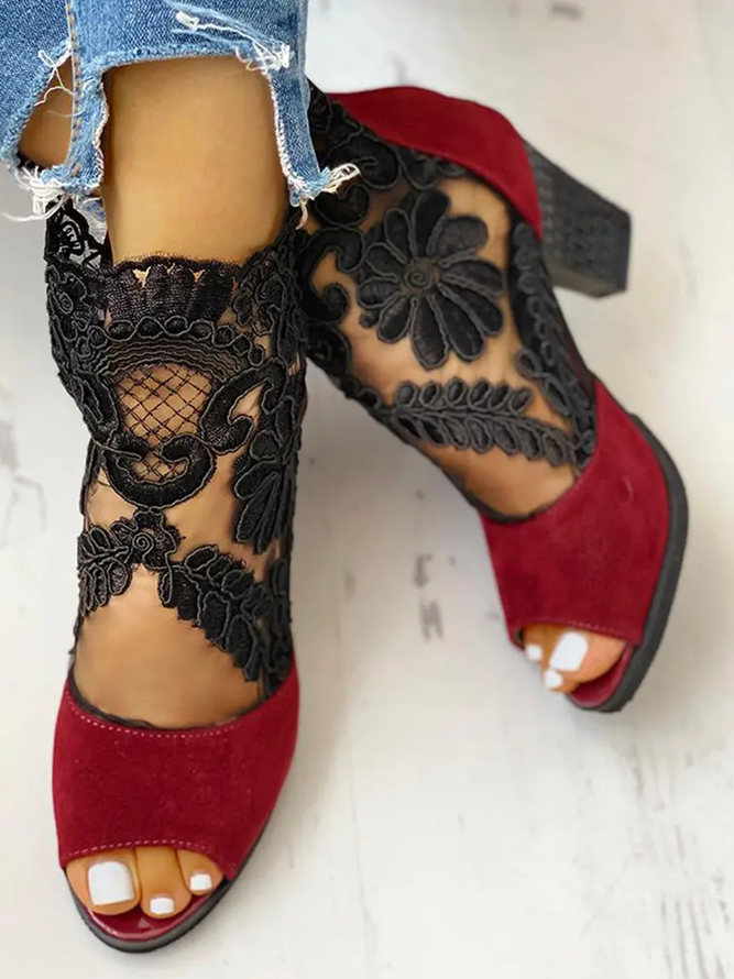 Black Floral Lace Mesh Block Heel Sandals Boots