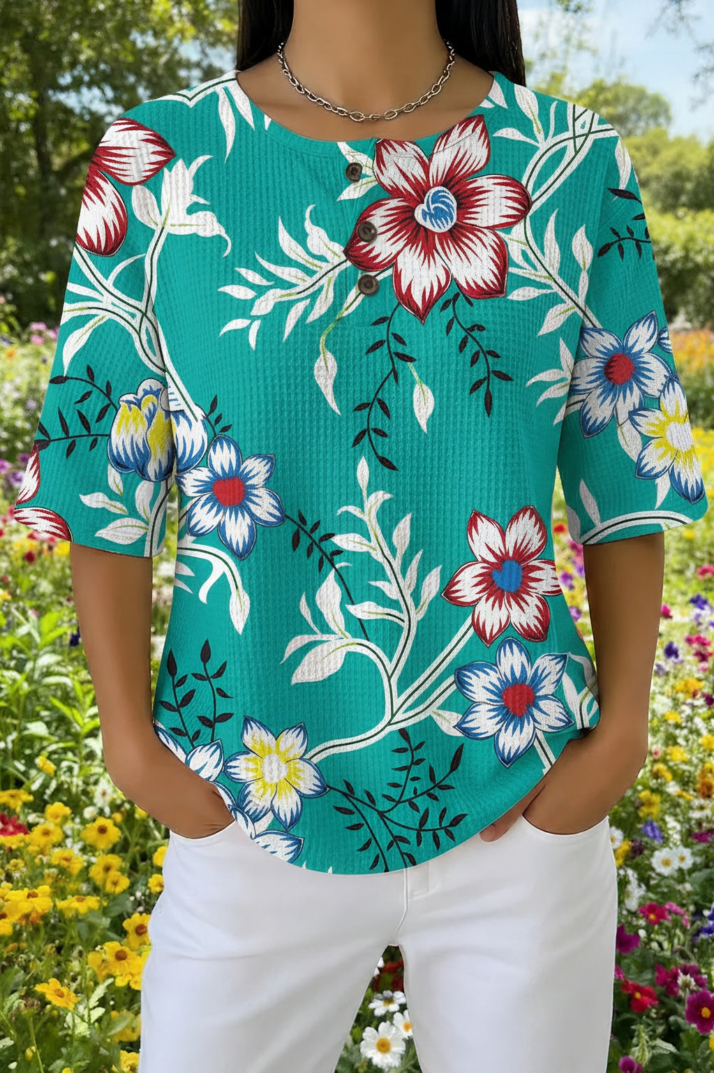 Tropical Floral Short Sleeve Button Henley Waffle Knit Top