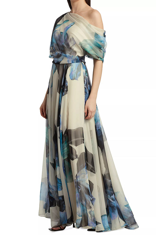 Sandy Aesthetic Unique Printed Bohemian Short Sleeve One Shoulder Maxi Dress Premium Edit