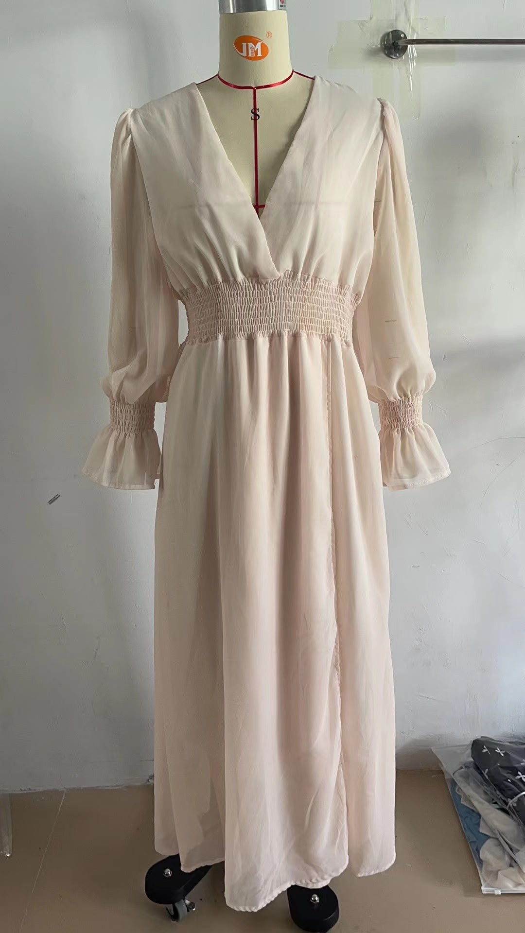 Chiffon Deep V-Neck Puff Sleeve Bell Cuff Smocked Waist High Split Maxi Dress