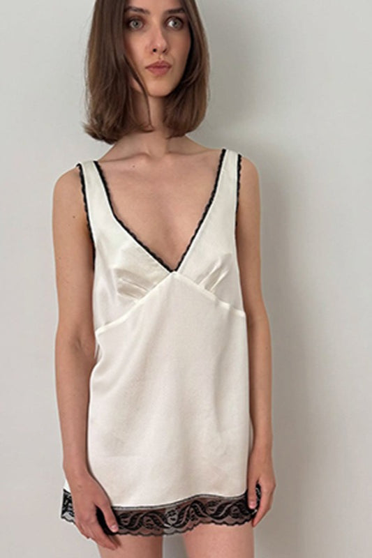 V-Neck Lace Cami Panel Ruffle Mini Lace Dress