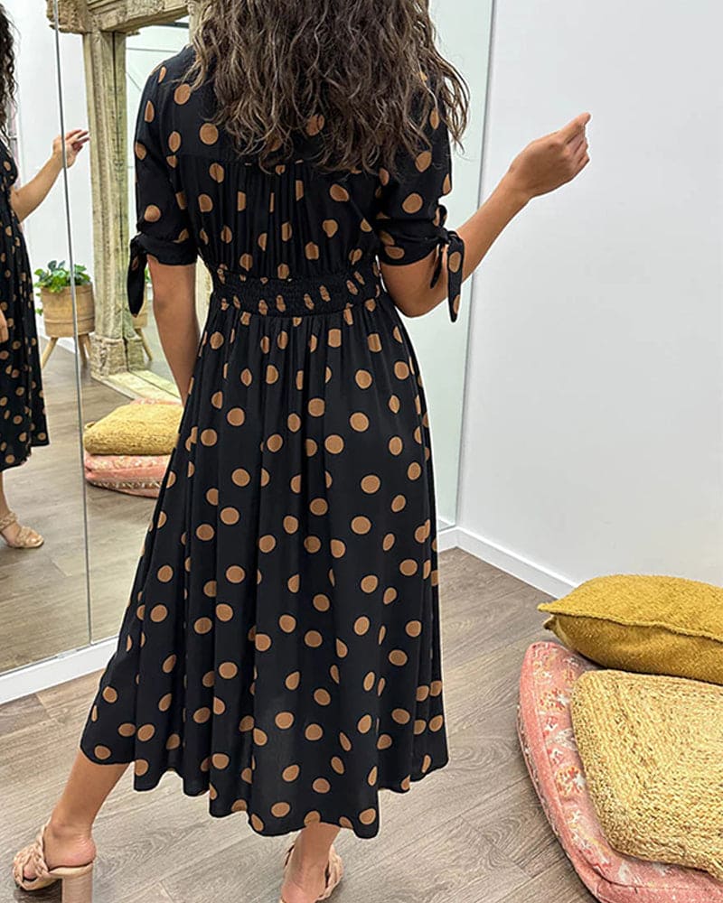 V-Neck Short Sleeve Tie Cuff Button Front Polka Dot Midi Dress