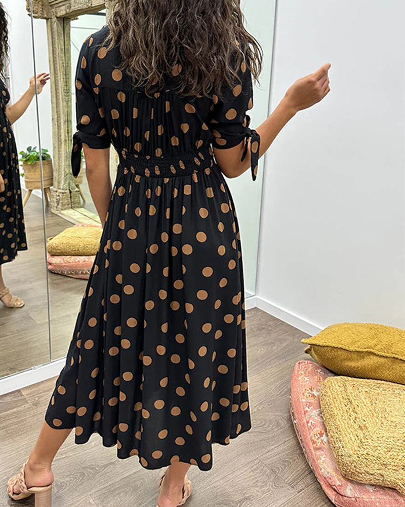Polka Dot Deep V-Neck Button Front Puff Sleeve Tie Cuff Midi Dress