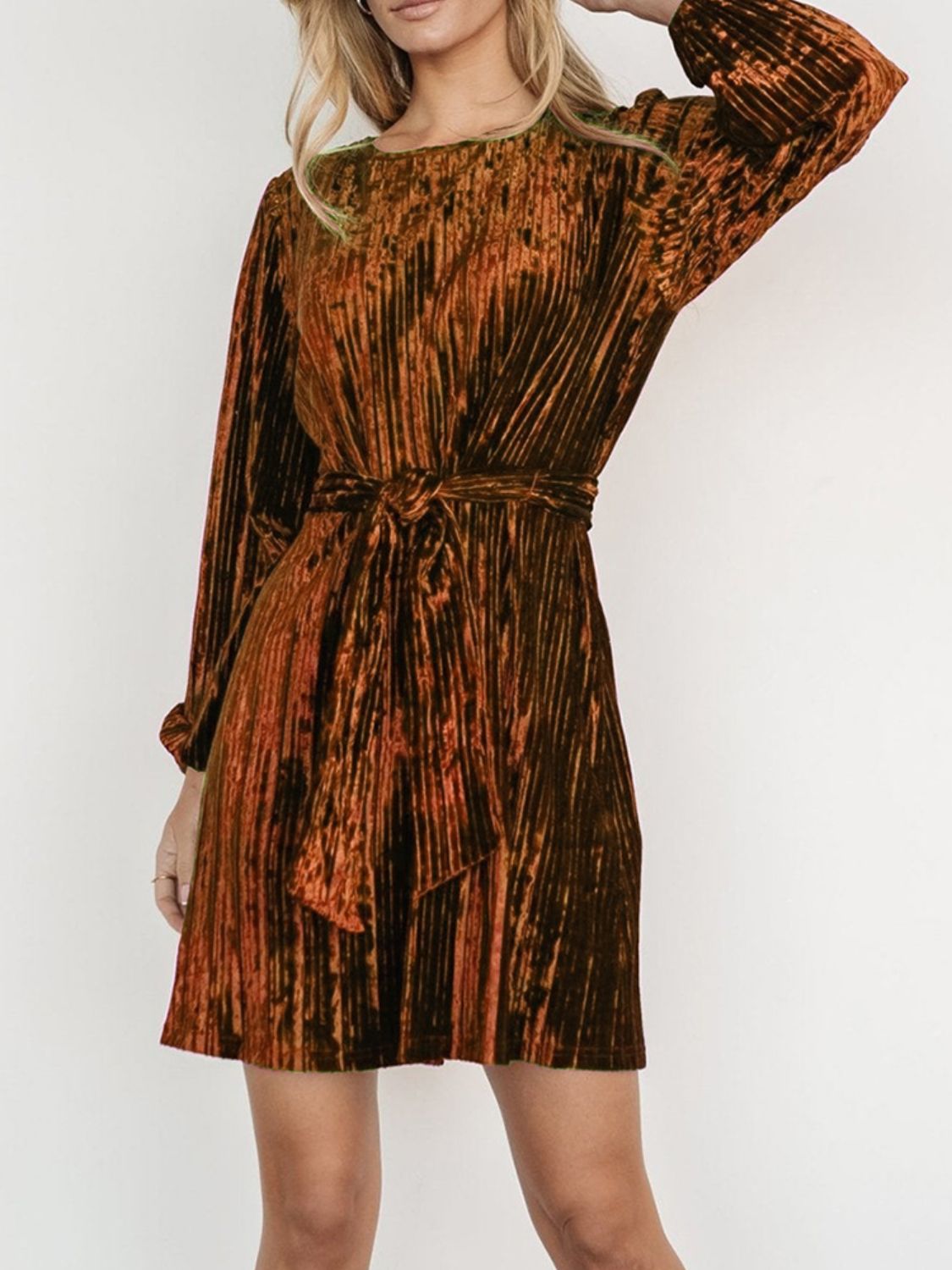 Crushed Velvet Round Neck Long Sleeve Tie Waist Mini Dress 10