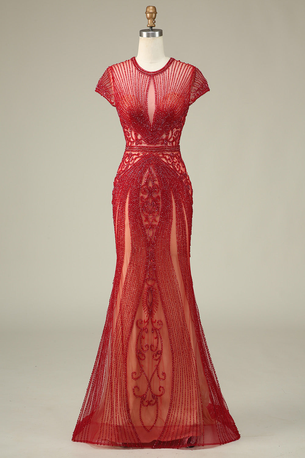 Luxurious Mermaid Jewel Neck Champagne Prom Dress with Beading