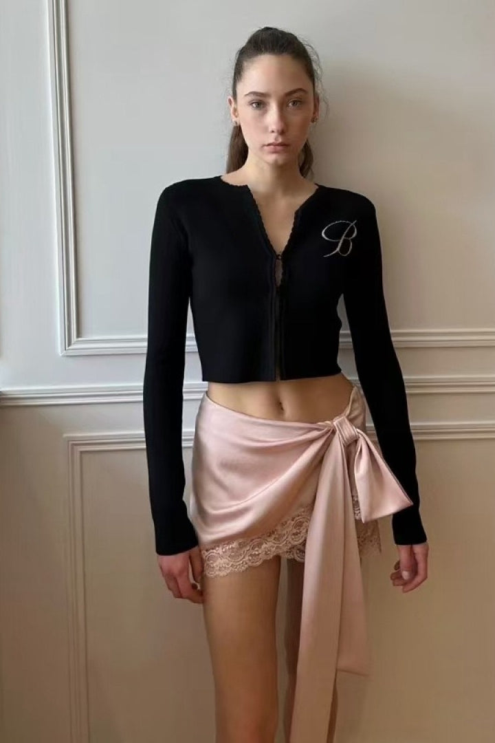 Satin Lace Bow Asymmetric Skirt