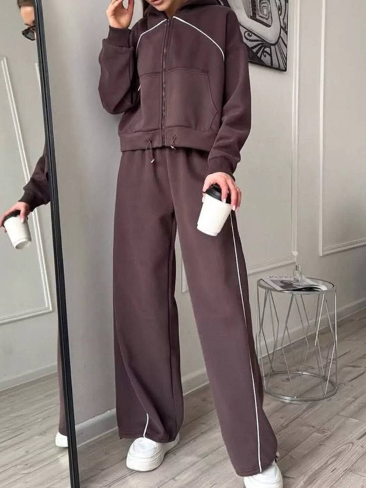 Fleece Zip Front Cropped Hoodie and Drawstring Hem Joggers Two Piece Set 14