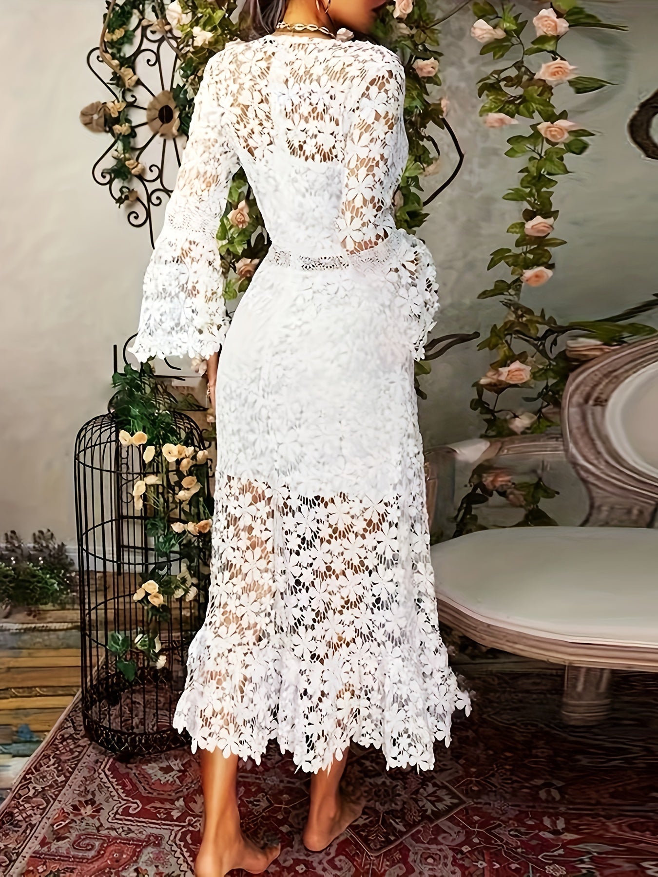 Floral Lace Bell Sleeve Lace Trim Waist Sheer Hem Maxi Dress