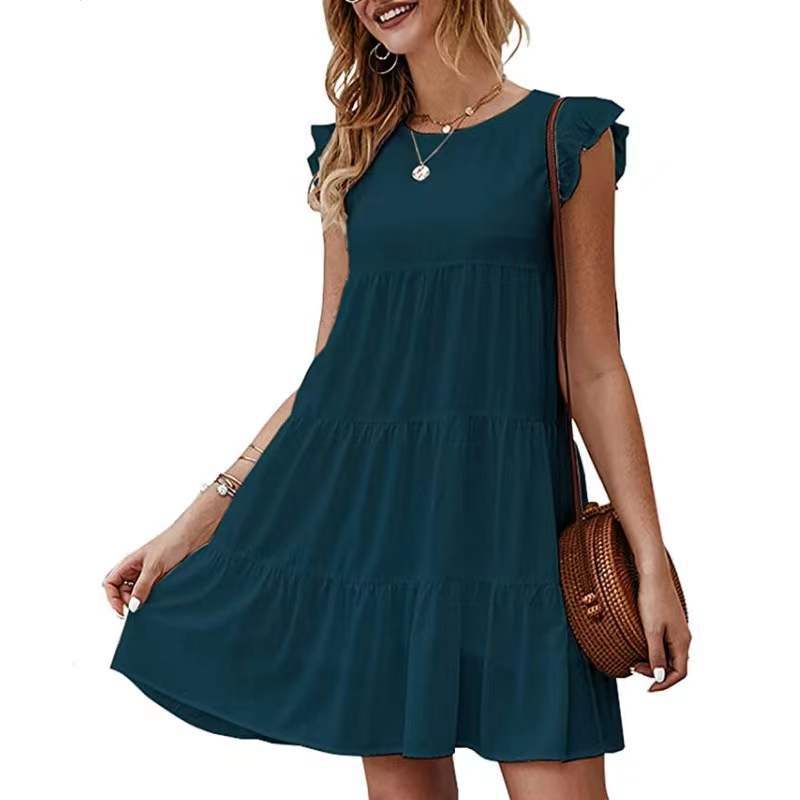 Round Neck Flutter Sleeve Tiered Swing Mini Dress 4