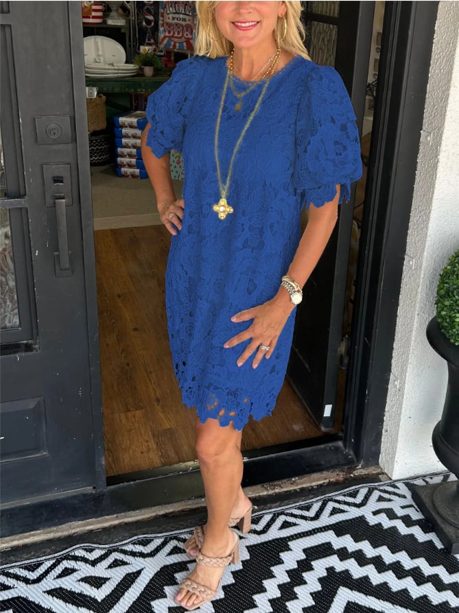 Floral Lace Round Neck Puff Sleeve Tiered Ruffle Shift Mini Dress