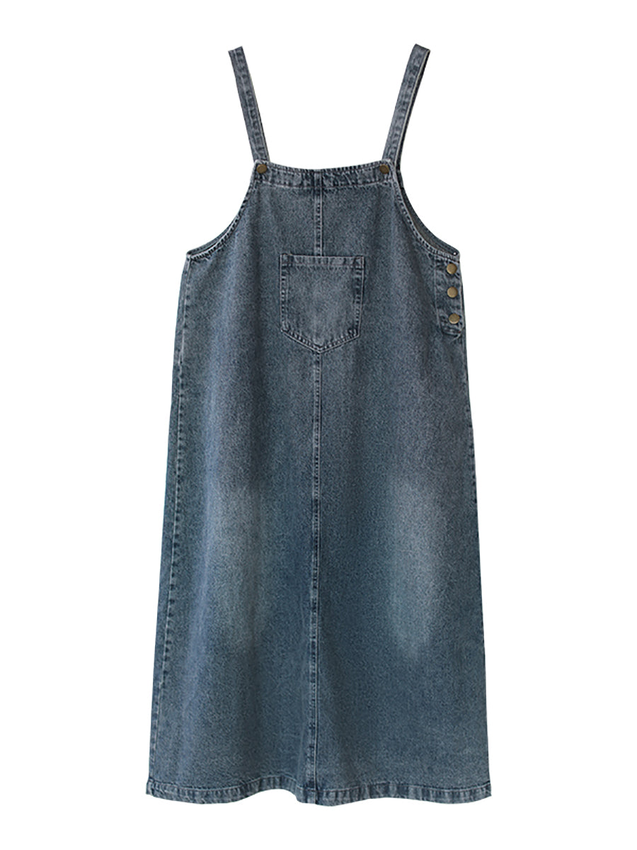 Denim Bib Front Overall Strap Pocket A-Line Maxi Jumper Dress