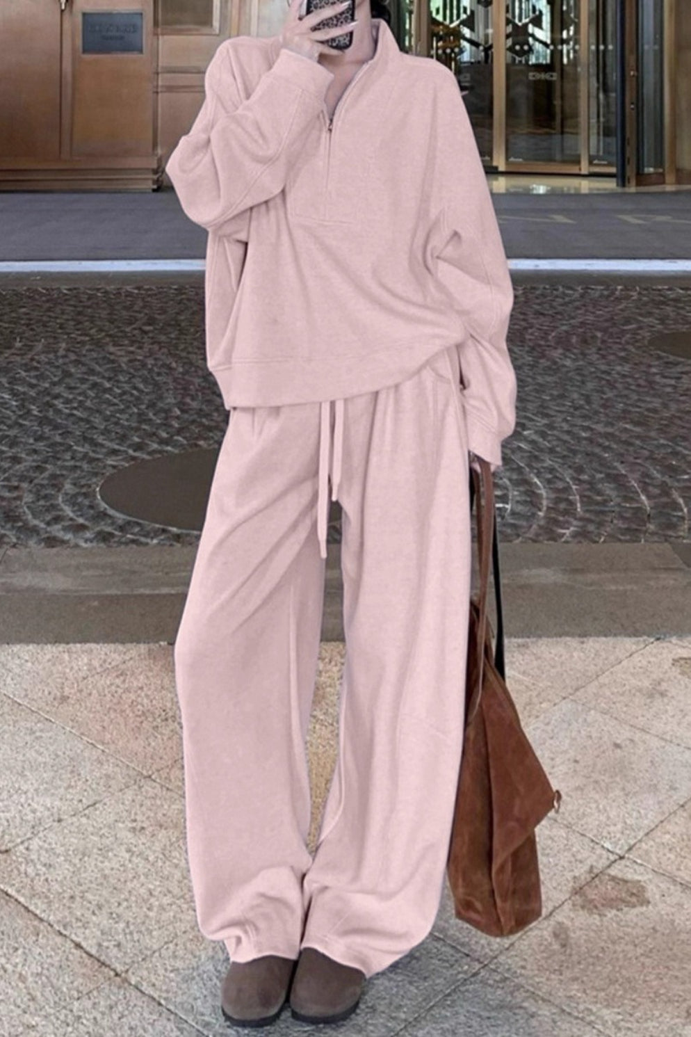 Half Zip Collared Sweatshirt and Drawstring Wide Leg Pants Two Piece Set 3