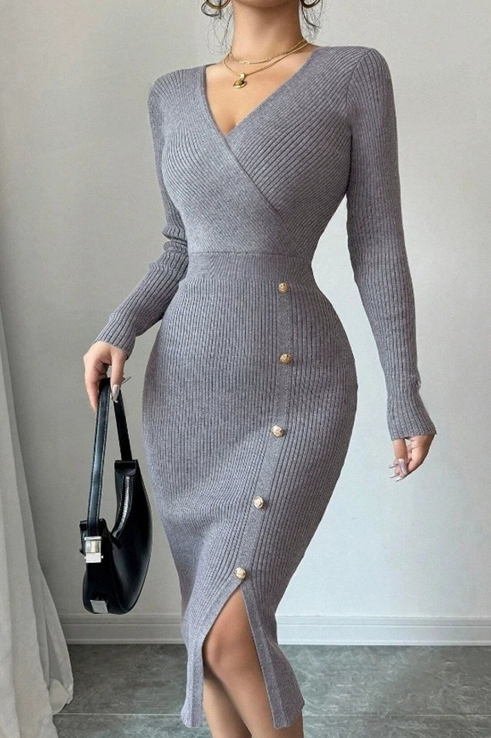Knitted VNeck LongSleeve Buttoned Sweater Dress