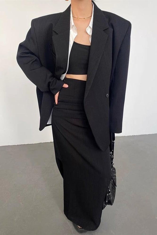 Wasteland Shoulder Pad Lapel Long Sleeve Drapey Blazer Split Midi Skirt Two Piece Set