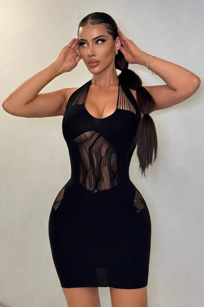Halter Neck Sheer Mesh Cut Out Bodycon Mini Dress