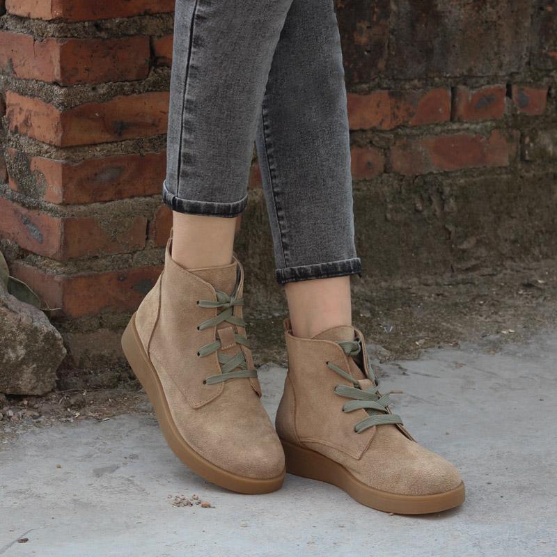 Nubuck Leather Boots Fur Lining Casual Ankle Boots Light Apricot/Dark Blue