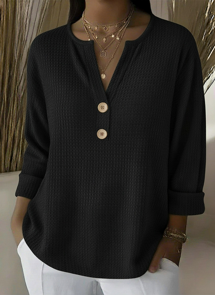 Notch Neck Waffle Knit Button Henley Top