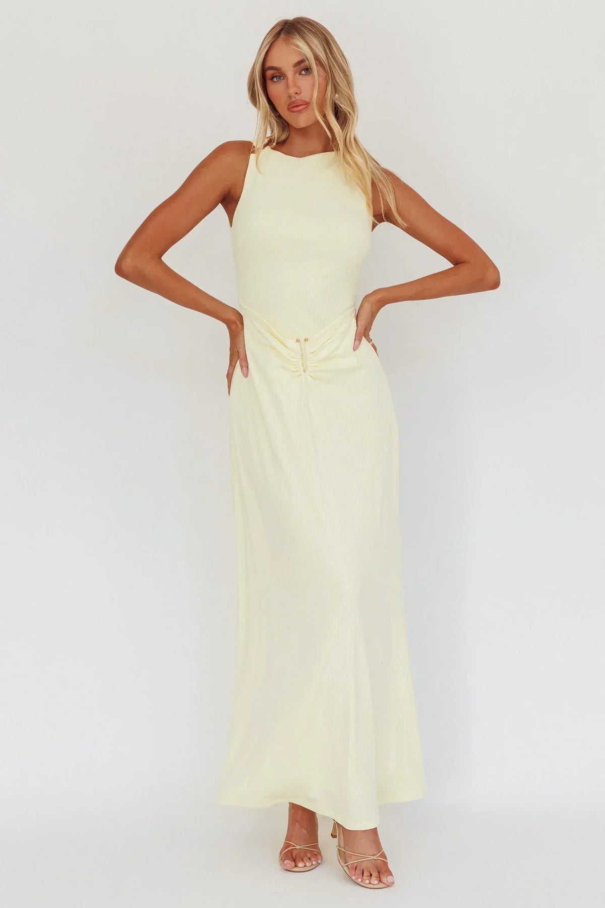 Sleeveless Boat Neck Ruched Waist Hardware Detail Maxi Dress