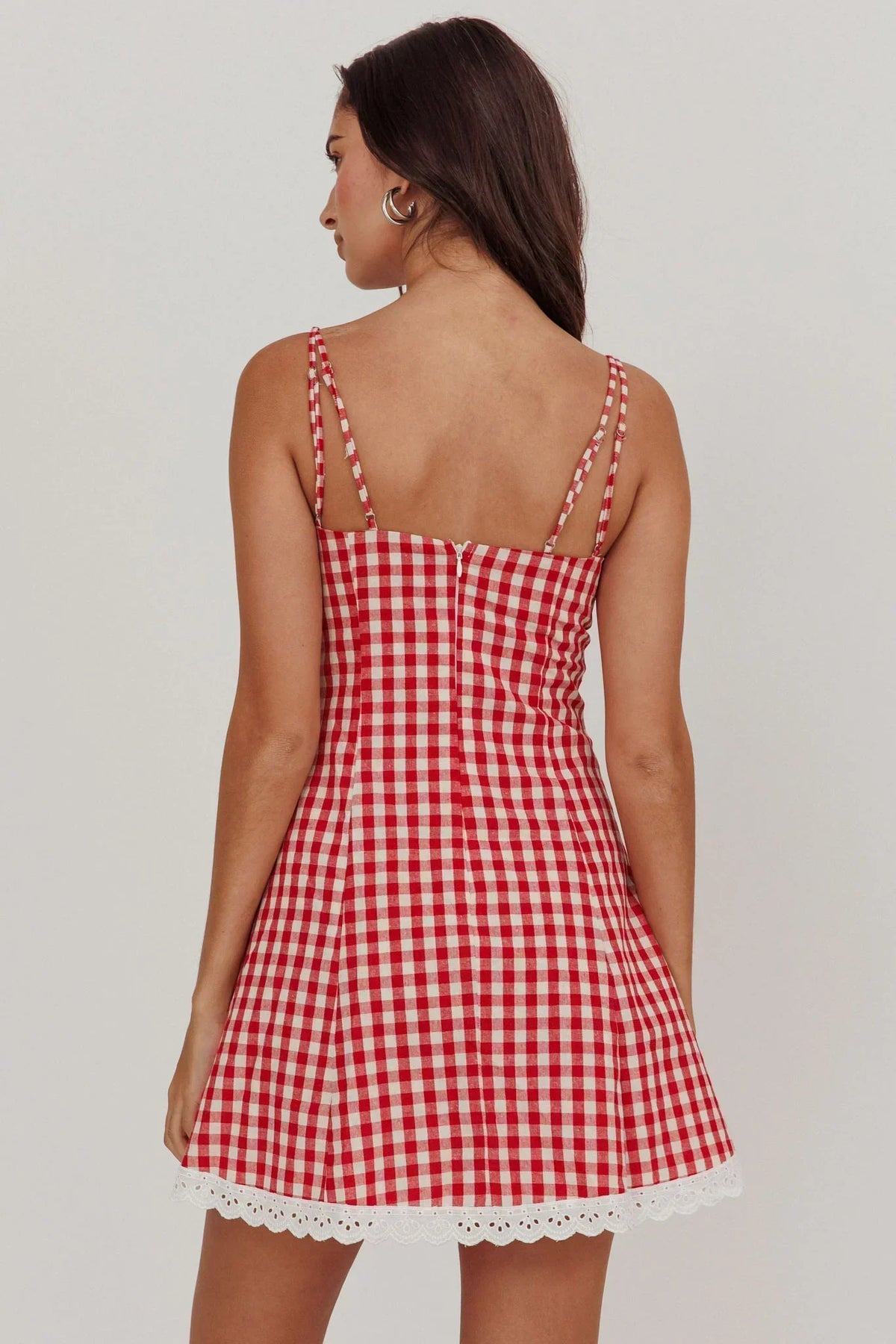 Noelle Lace Trim Mini Dress Gingham Red