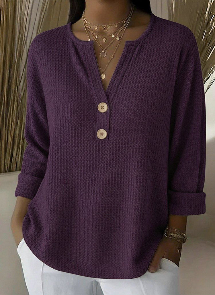 Notch Neck Waffle Knit Button Henley Top