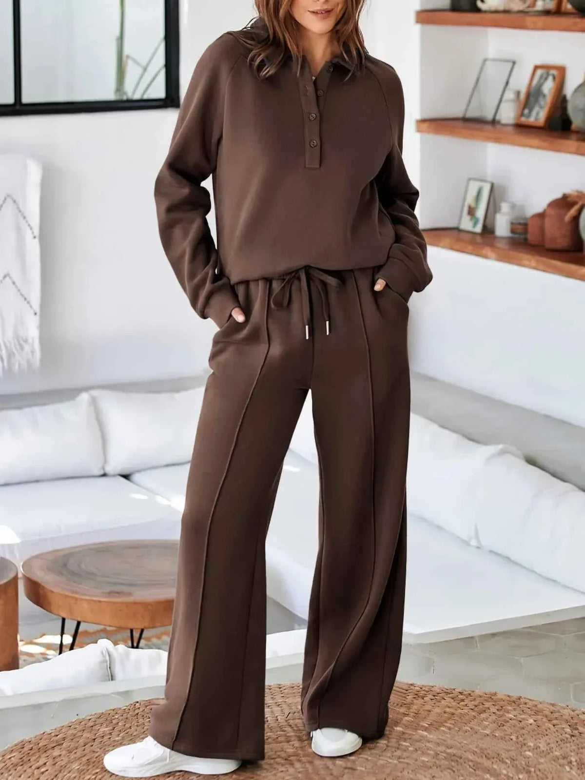 Collared Button Placket Sweatshirt and Seam Front Wide Leg Pants Two Piece Set 10