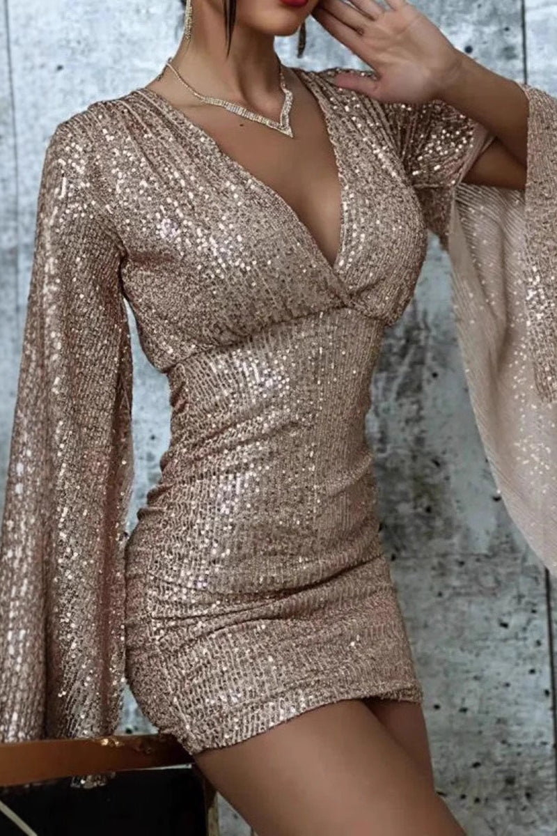 Sequin Deep V-Neck Long Flared Sleeve Ruched Bodycon Mini Dress