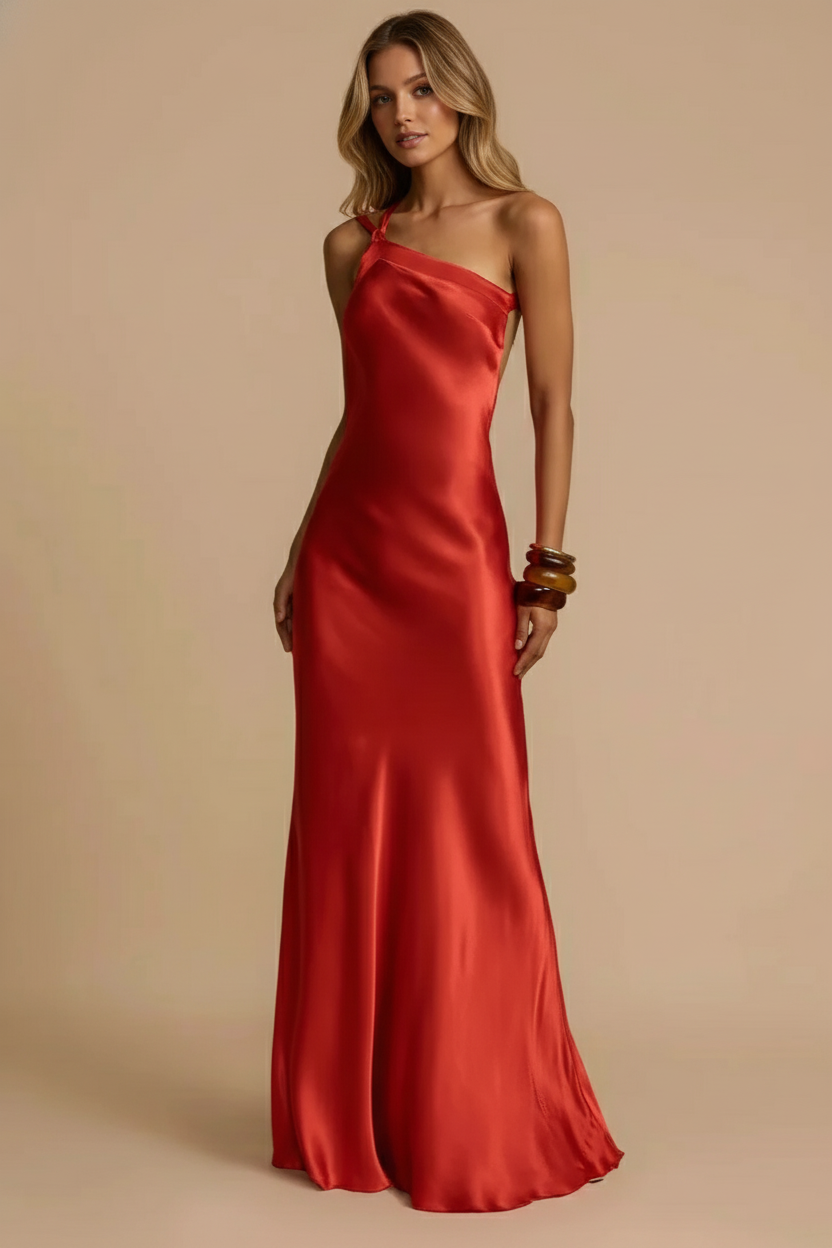 Satin One Shoulder Twisted Strap Draped Sash Bodycon Maxi Gown