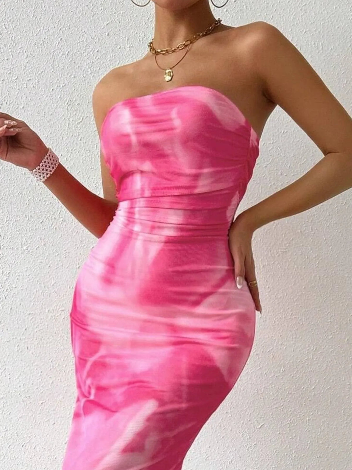 Abstract Print Strapless Ruched Bodycon Maxi Tube Dress 7