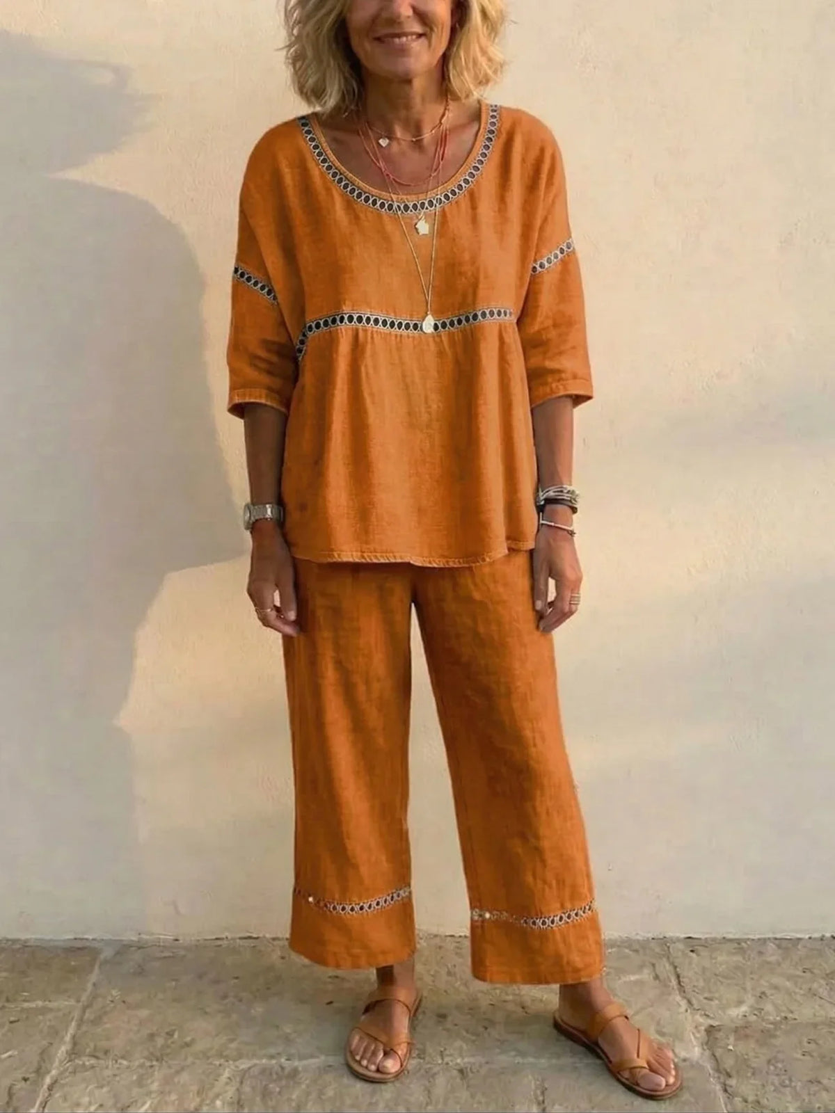 Crochet Cutout Trim Round Neck Top and Wide Leg Pants Two Piece Set
