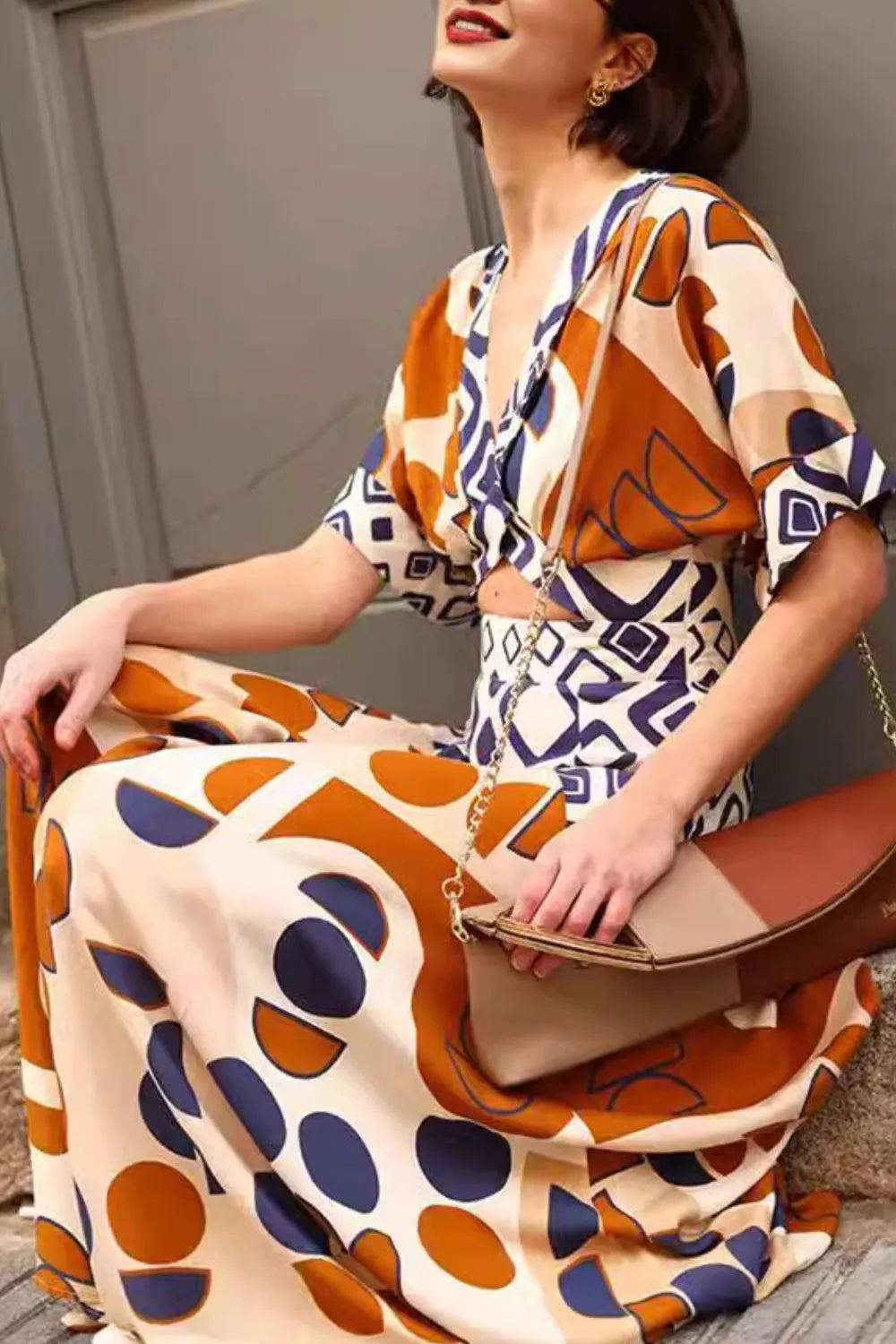 Geometric Print Wrap V-Neck Short Sleeve Cut Out Waist Maxi Dress 4