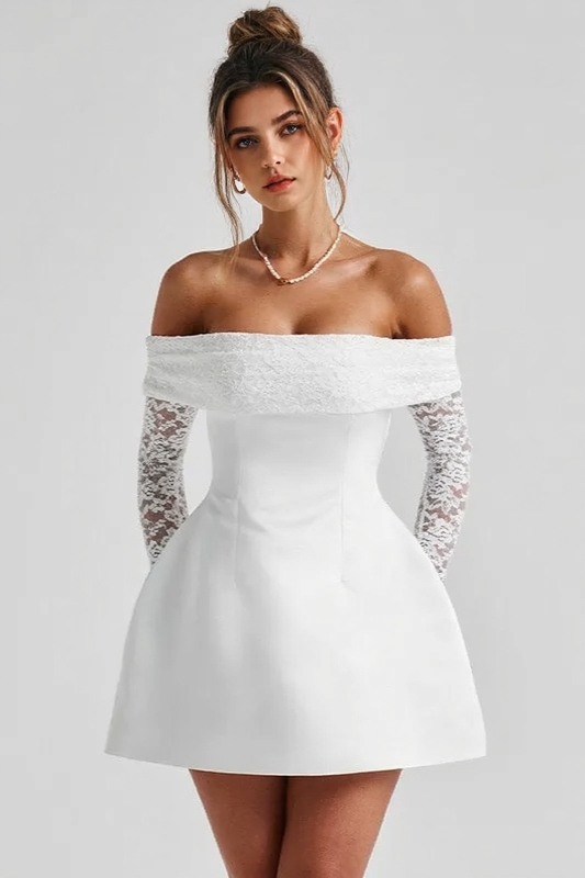 Lace Off Shoulder Long Sleeve A Line Party Dress