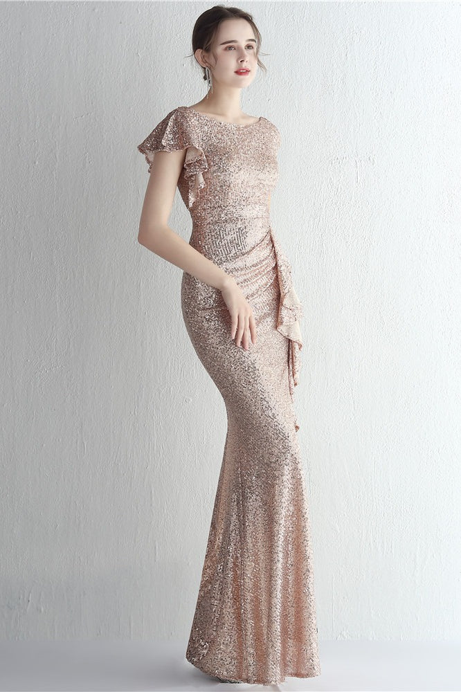 Sequin High Neck Cap Sleeve Ruffle High Split Mermaid Gown