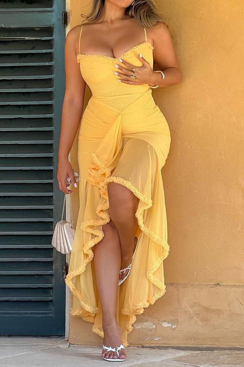 Spaghetti Strap Ruffle Trim High Low Asymmetrical Mini Party Dress