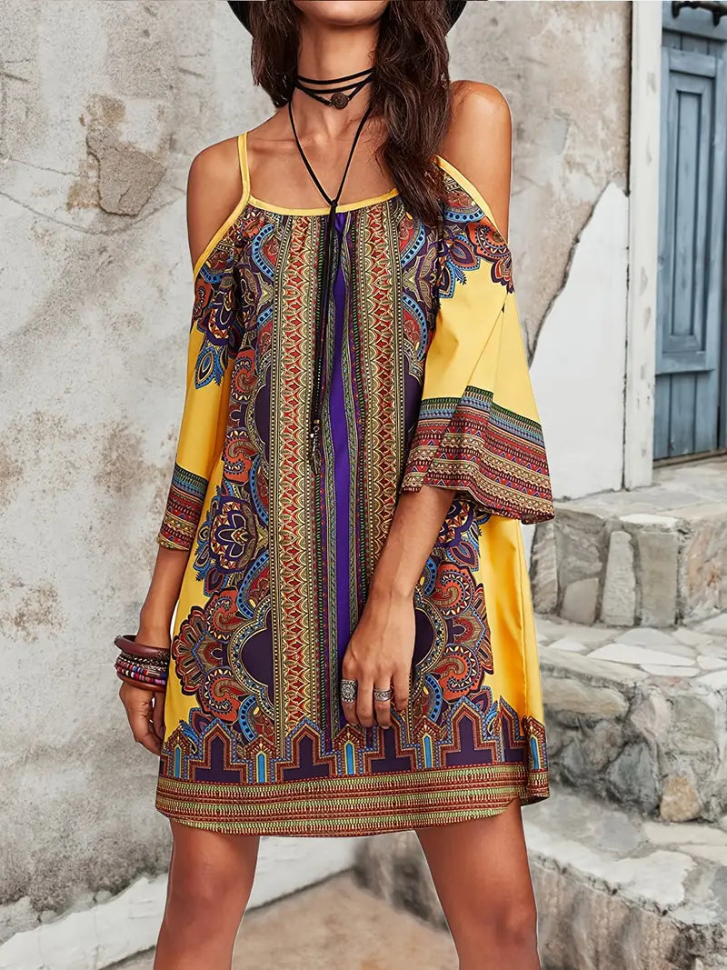 Cold Shoulder Spaghetti Strap Bell Sleeve Shift Mini Summer Dress