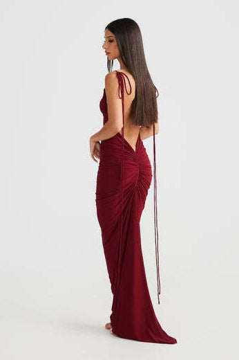 Cowl Neck Spaghetti Strap Backless Ruched Bodycon Maxi Dress