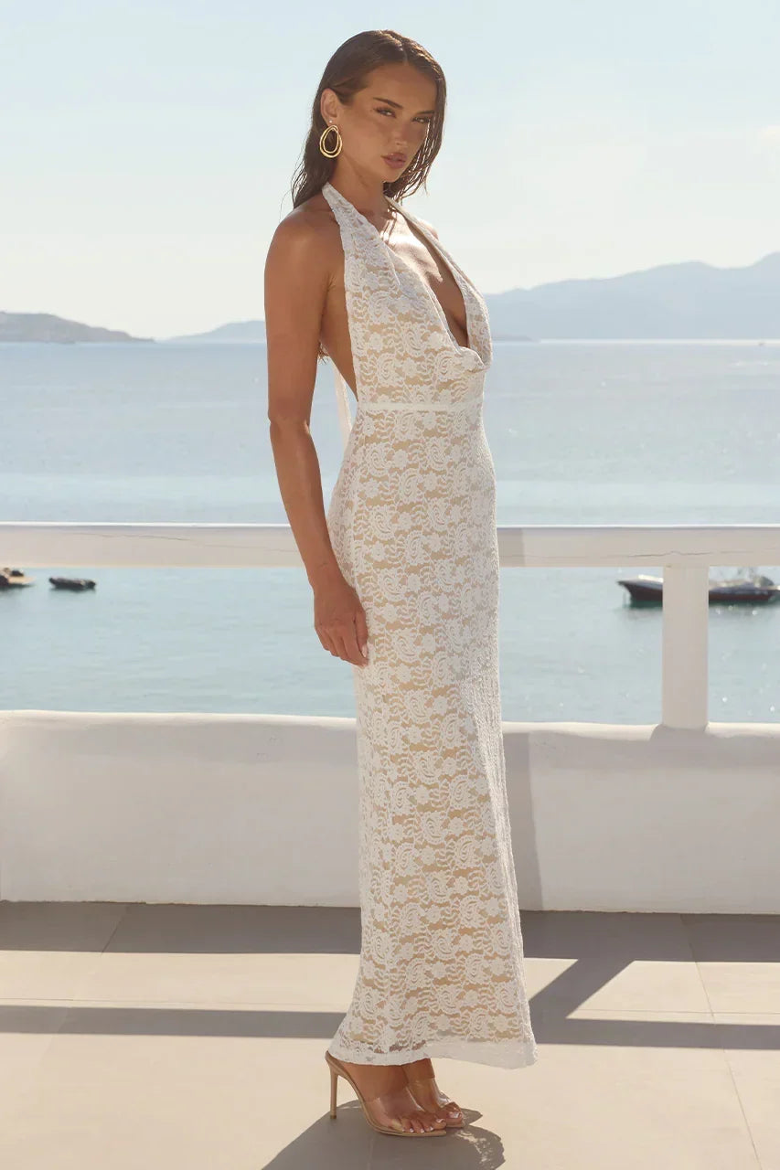 Lace Halter Neck Plunge Cowl Bodycon Mermaid Maxi Dress 5