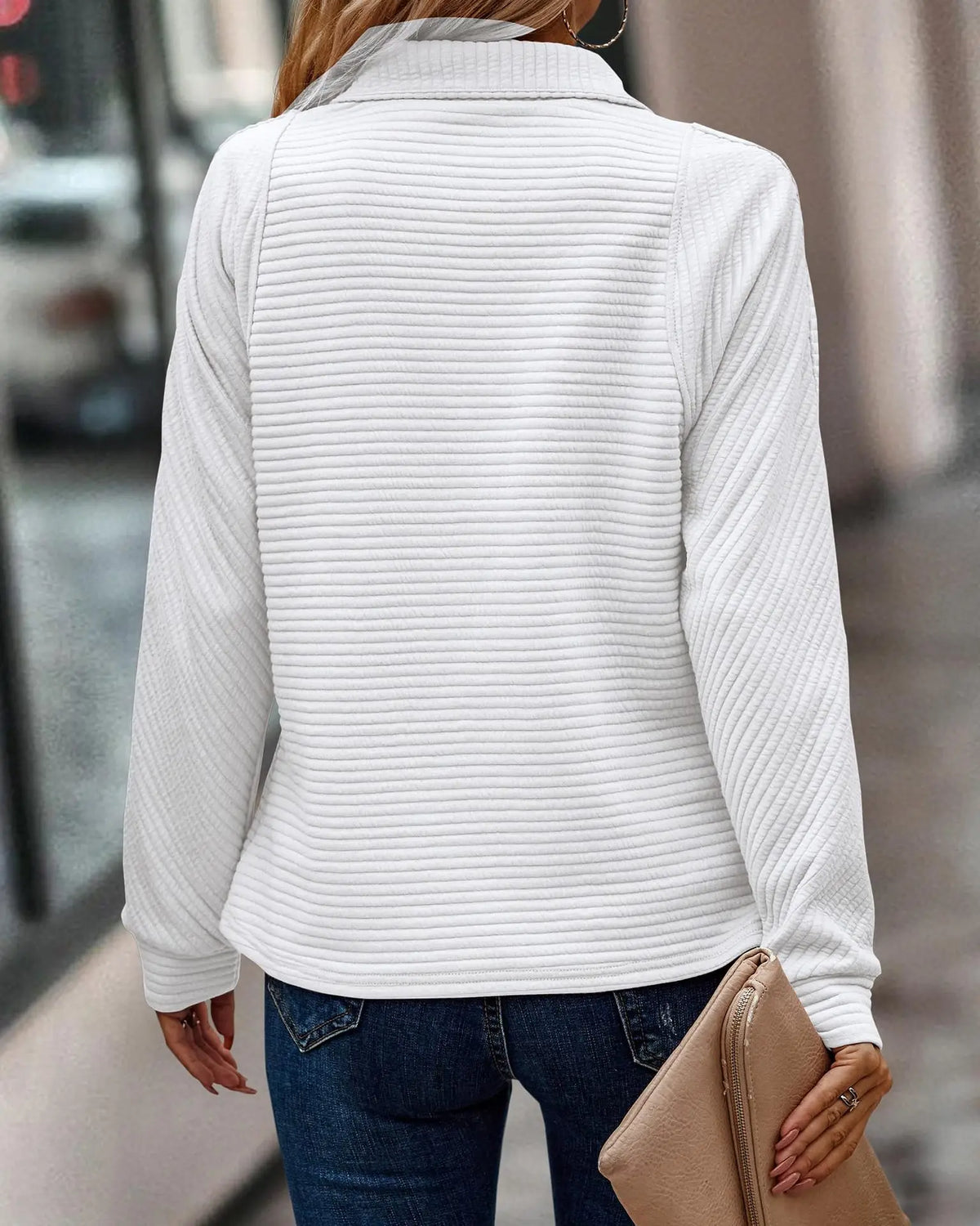 Mock Neck Quarter Zip Ribbed Pullover Sweatshirt