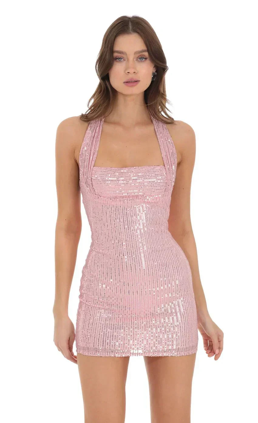 Sequin Halter Square Neck Bodycon Mini Dress