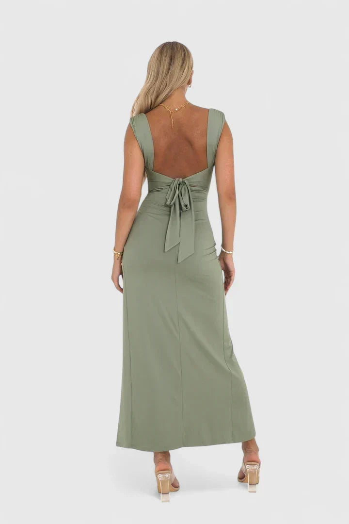Cowl Neck Ruched High Split Bodycon Maxi Dress
