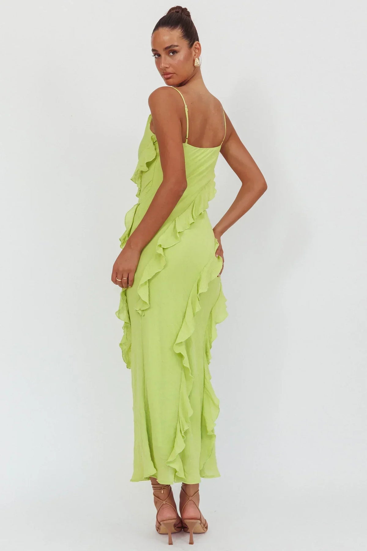 Panama Bay Ruffle Trim Cowl Neck Maxi Dress Sage