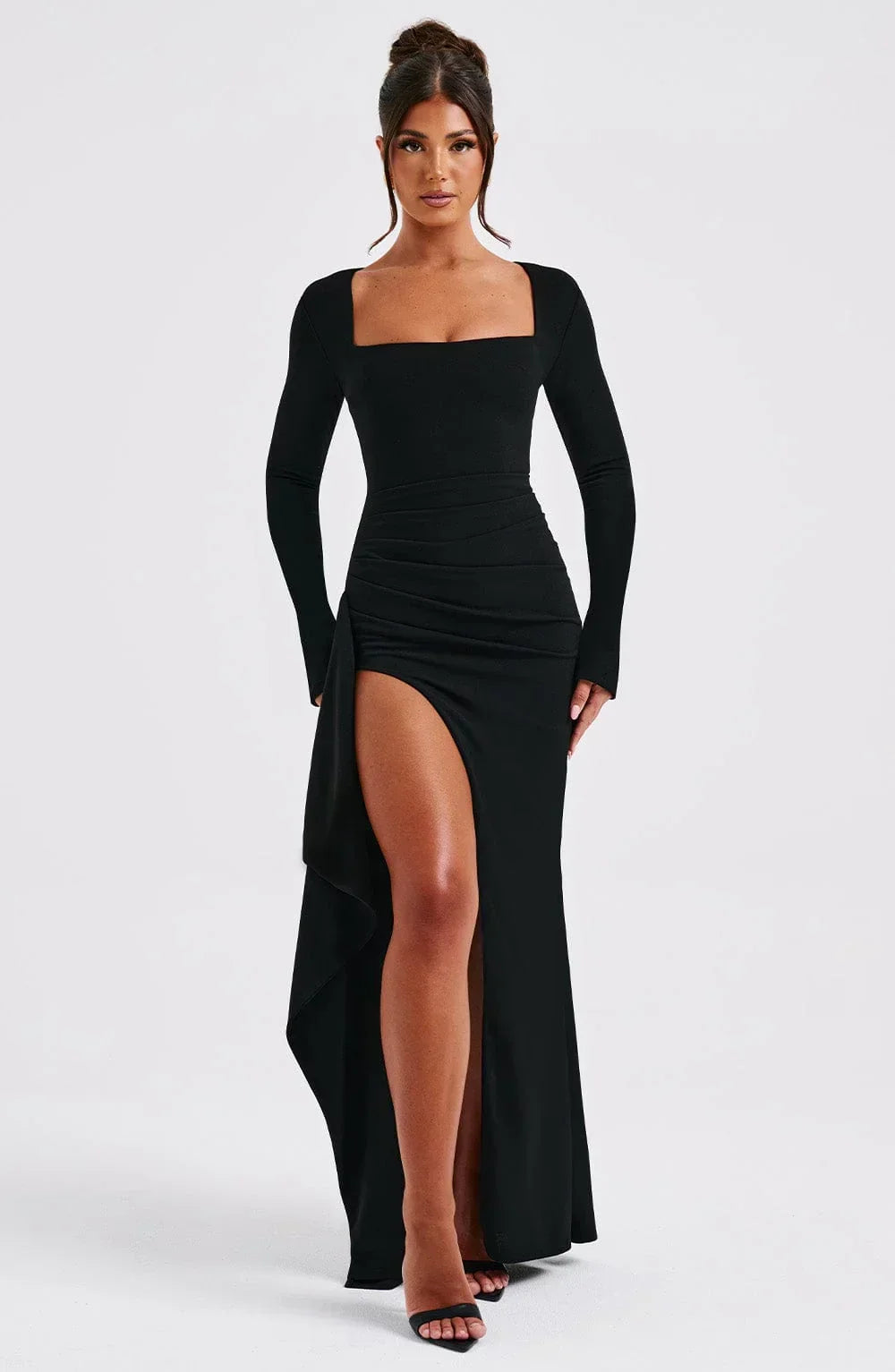 Square Neck Long Sleeve High Split Draped Side Maxi Dress 7