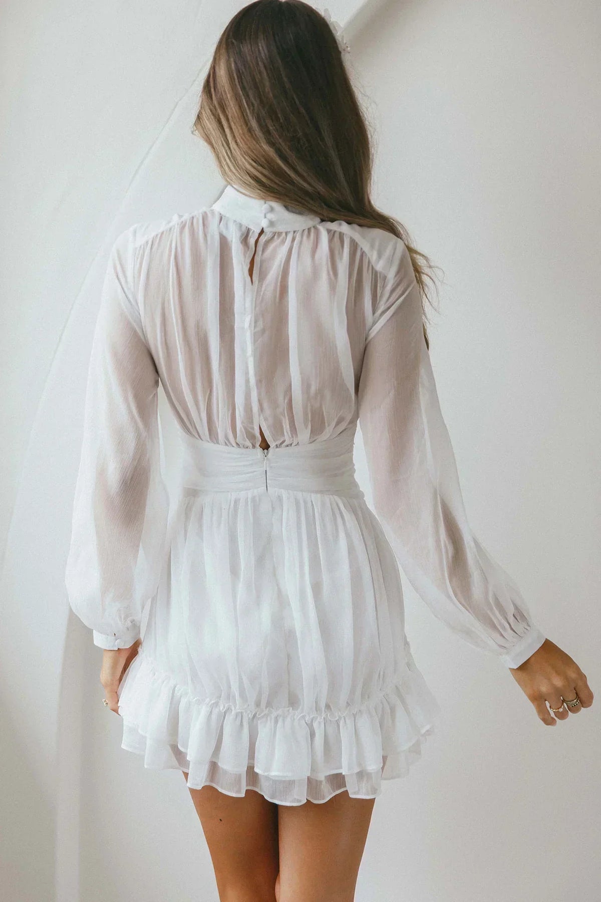 Sheer Chiffon High Neck Long Sleeve Ruffle Hem Mini Dress 8