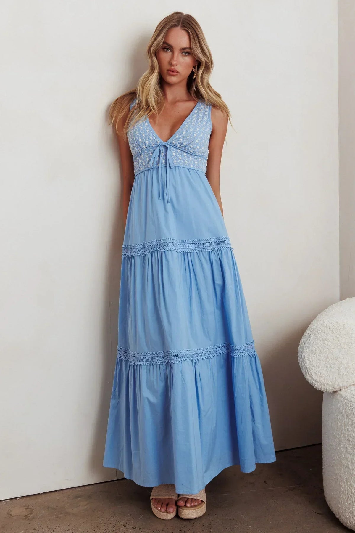 Embroidered Bodice V-Neck Tie Front Lace Trim Tiered Maxi Dress